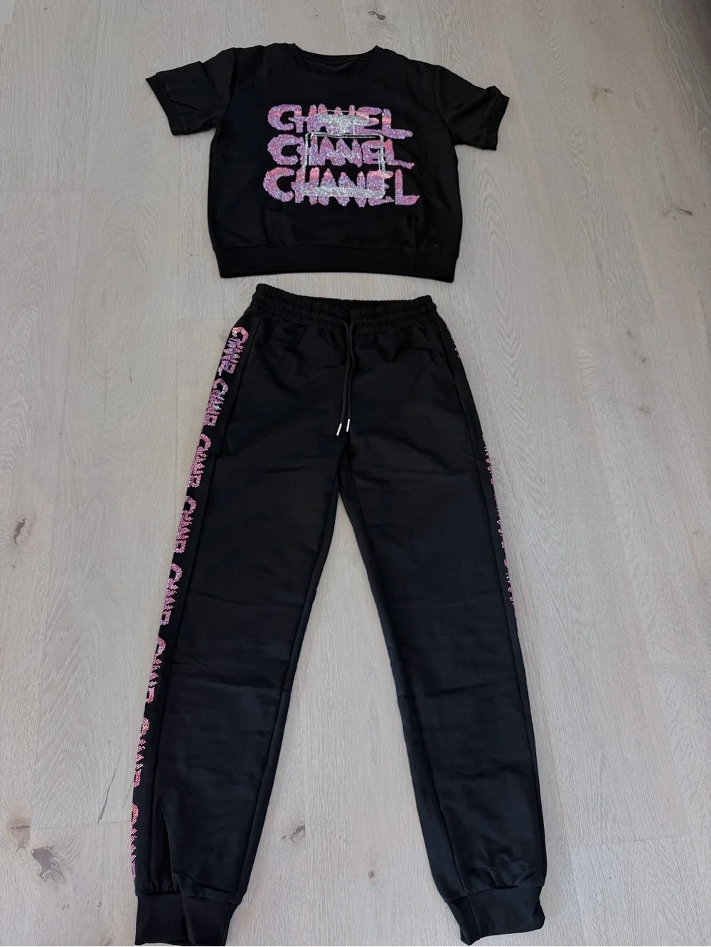 CHANEL Black Tee and Joggers with Pink Logo Detailing size S/M
